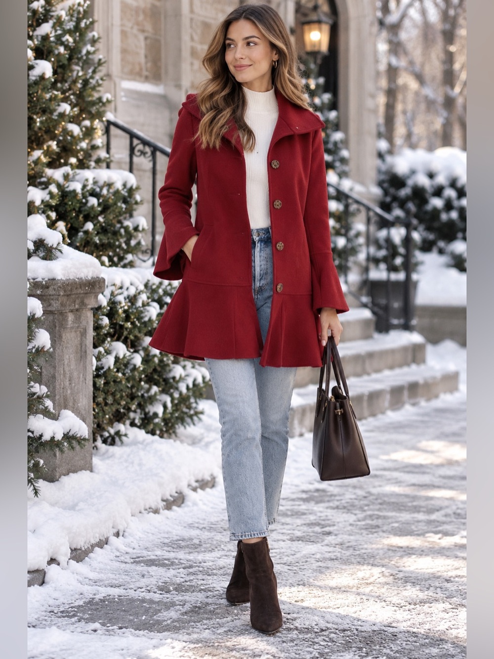 Joie - Red Wool Blend Anichka Ruffle Bell Sleeve Coat - Size L